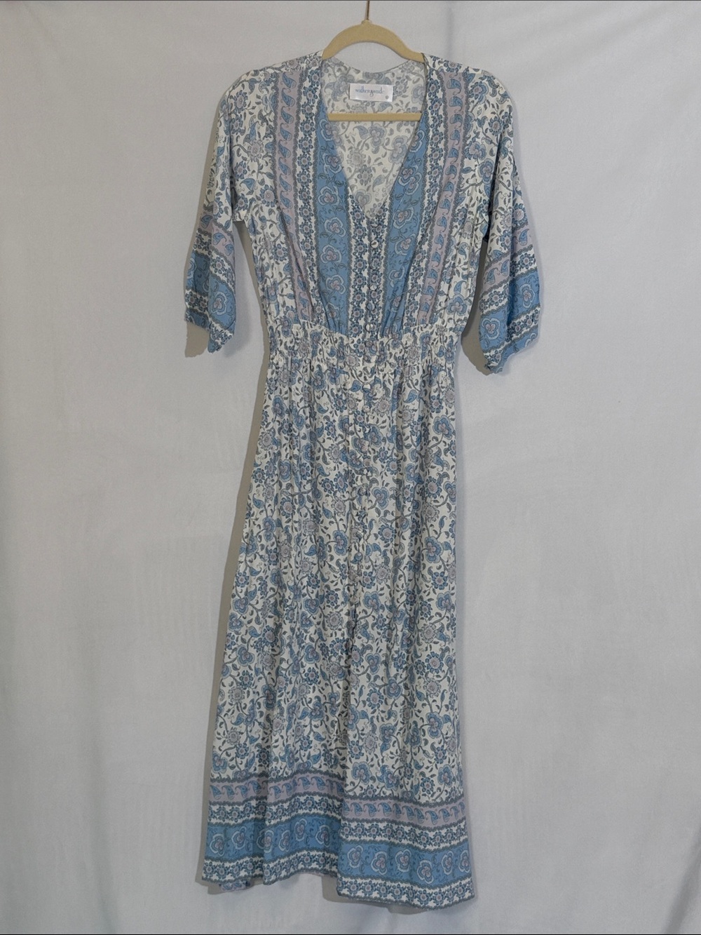 Walker & Wade Kelsey Dress Size M Blue White Floral Block Print EUC